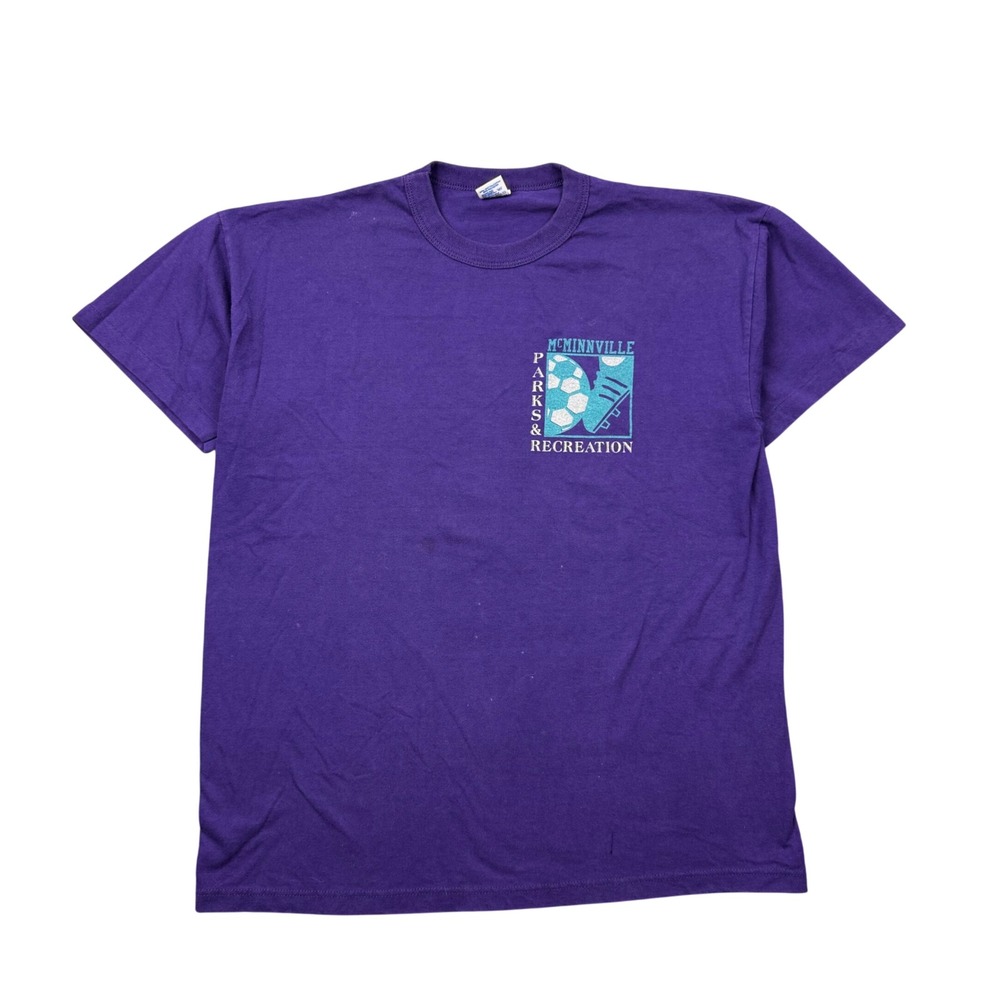 Vtg 90s Russell Athletic T Shirt Men Medium Purple McMinnville Oregon Parks Rec